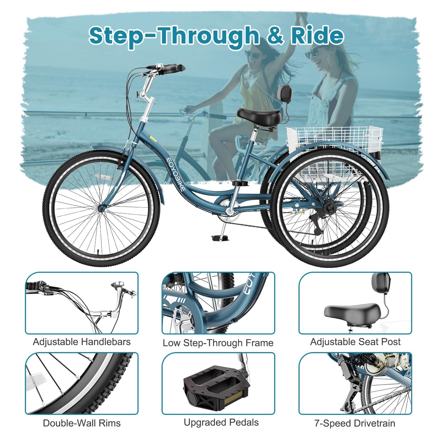Slsy Adult Tricycle 7 Speed, 20/24/26 Inch Step-Through 3 Wheel Bike for Adults with Large Shopping Basket, 350 lb Capacity Adult Trike for Seniors, Women and Men