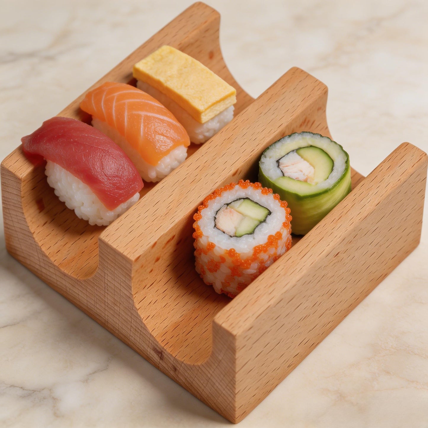TUESMEILL Sushi Taco Holder:Wooden U Shaped Sashimi Plate Japanese Food Serving Tray Taco Display Stand Sashimi Rack for Home Restaurant Party Food Serving and Display (2 Slot )