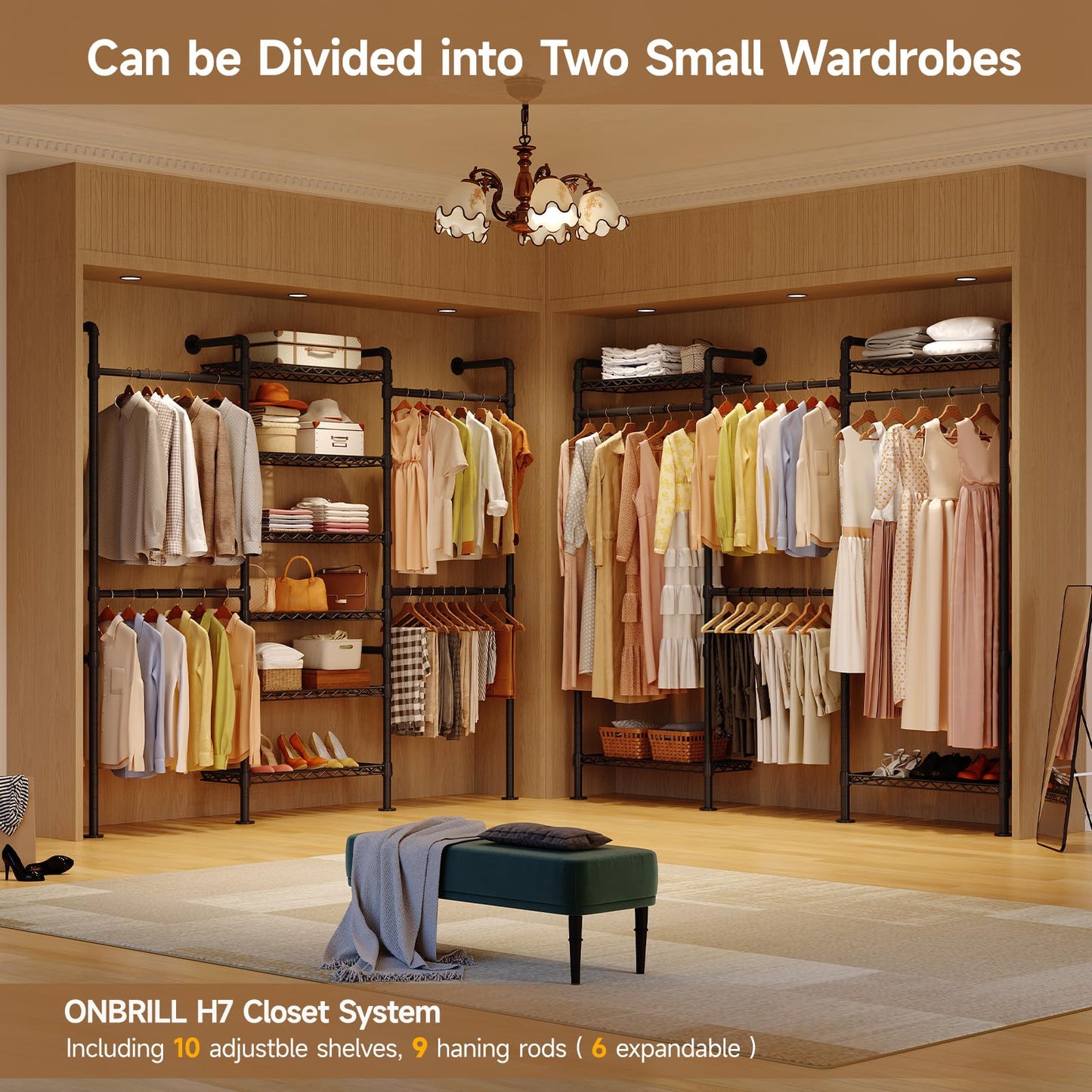 ONBRILL L7 Wall Mounted Industrial Pipe Clothing Rack – Heavy Duty Modular Closet System with 9 Hanging Rods (6 Expandable) & 10 Adjustable Shelves, Corner Garment Rack, Large Wardrobe - Black