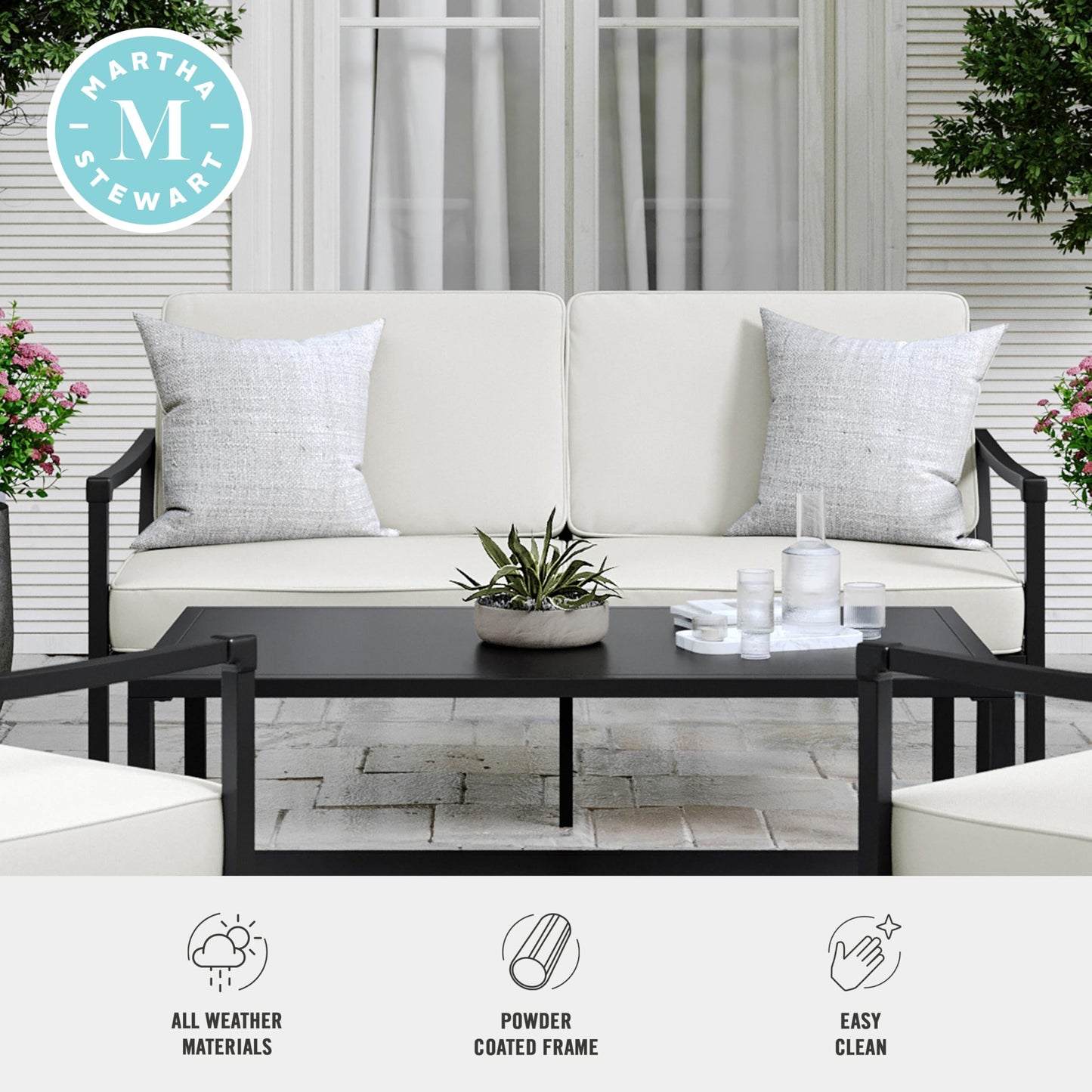 Martha Stewart Lily Pond All-Weather Patio Loveseat with Elevated Backrest Design and Steel Frame in Black with Cream Cushions