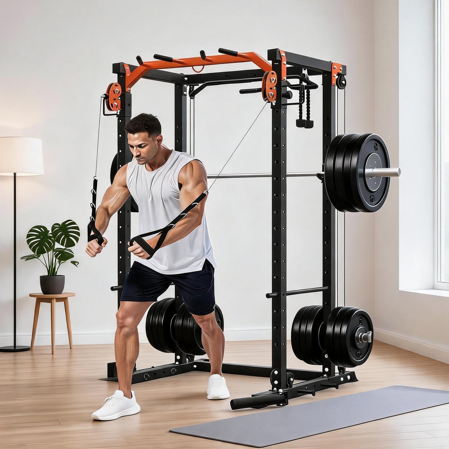 Power Cage with Dual Independent LAT Pulldown & Cable Crossover System – 2000LBS All-in-1 Home Gym, 2-User Multi-Functional Power Rack with Adjustable Dual Pulleys, Squat Rack for Garage & Home