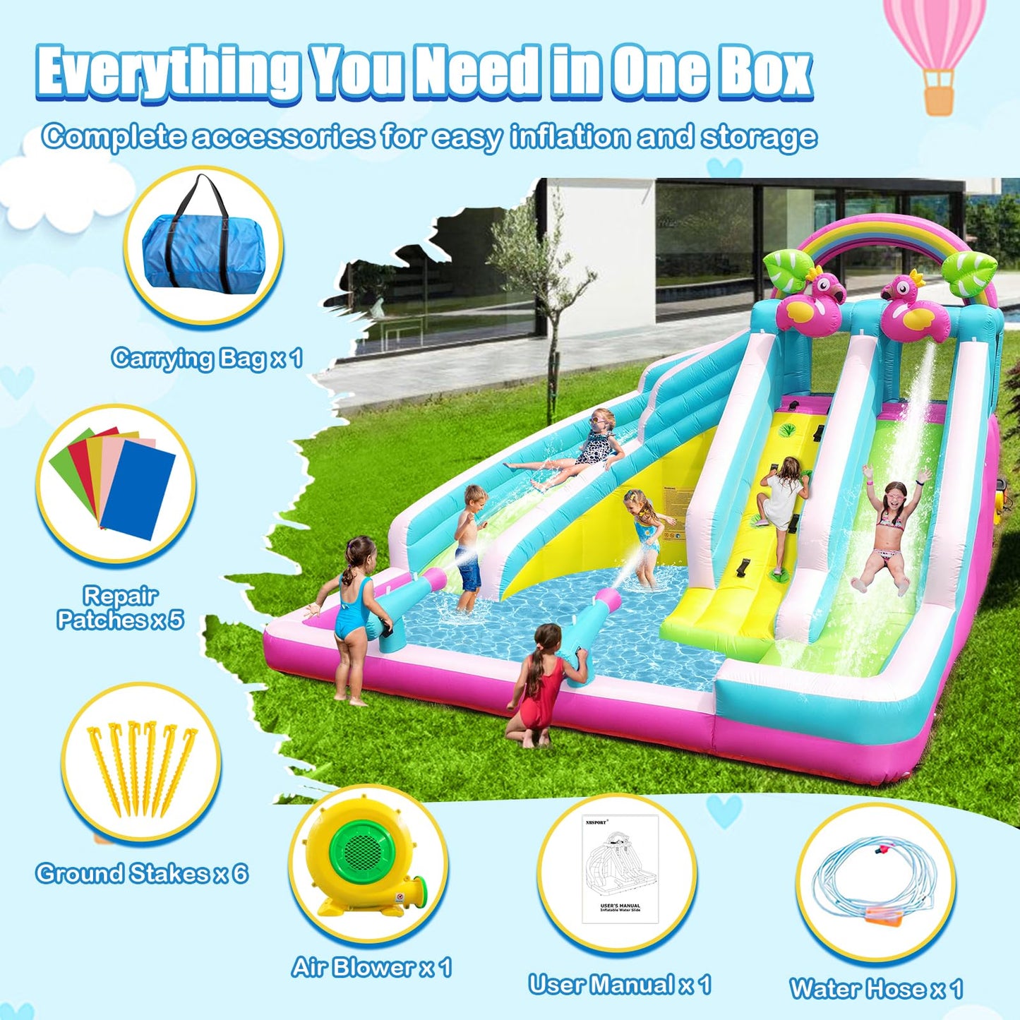 Inflatable Water Slide, 6 in 1 Blow Up Water Park Aged 3-10, Flamingo Style Water Bounce House with Double Long Slides, Splash Pool, 580W Blower Waterslide for Kids and Adults Backyard