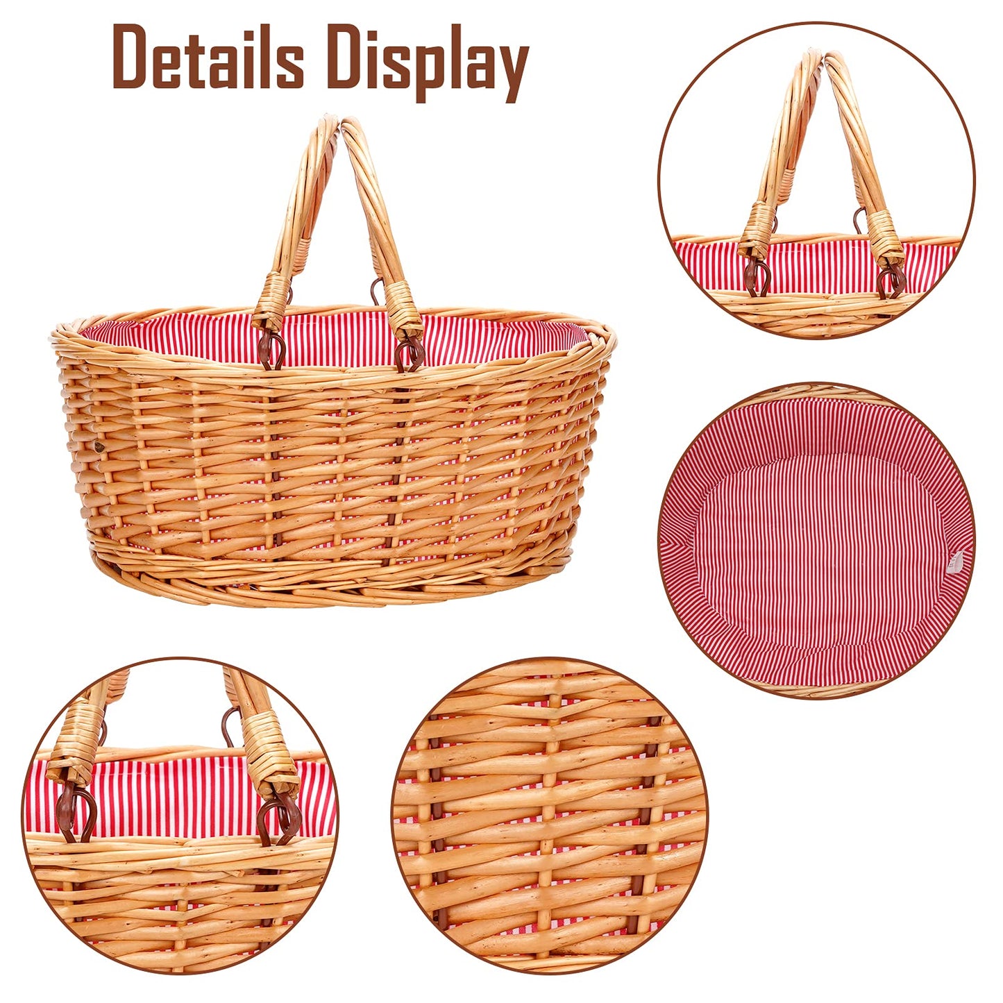 TwentyNext Wicker Picnic Basket with Double Folding Handles, Natural Large Willow Hamper Empty Basket Cheap Easter Eggs Candy Storage Wine Basket for Toy, Flower, Wedding（Red 16inch）