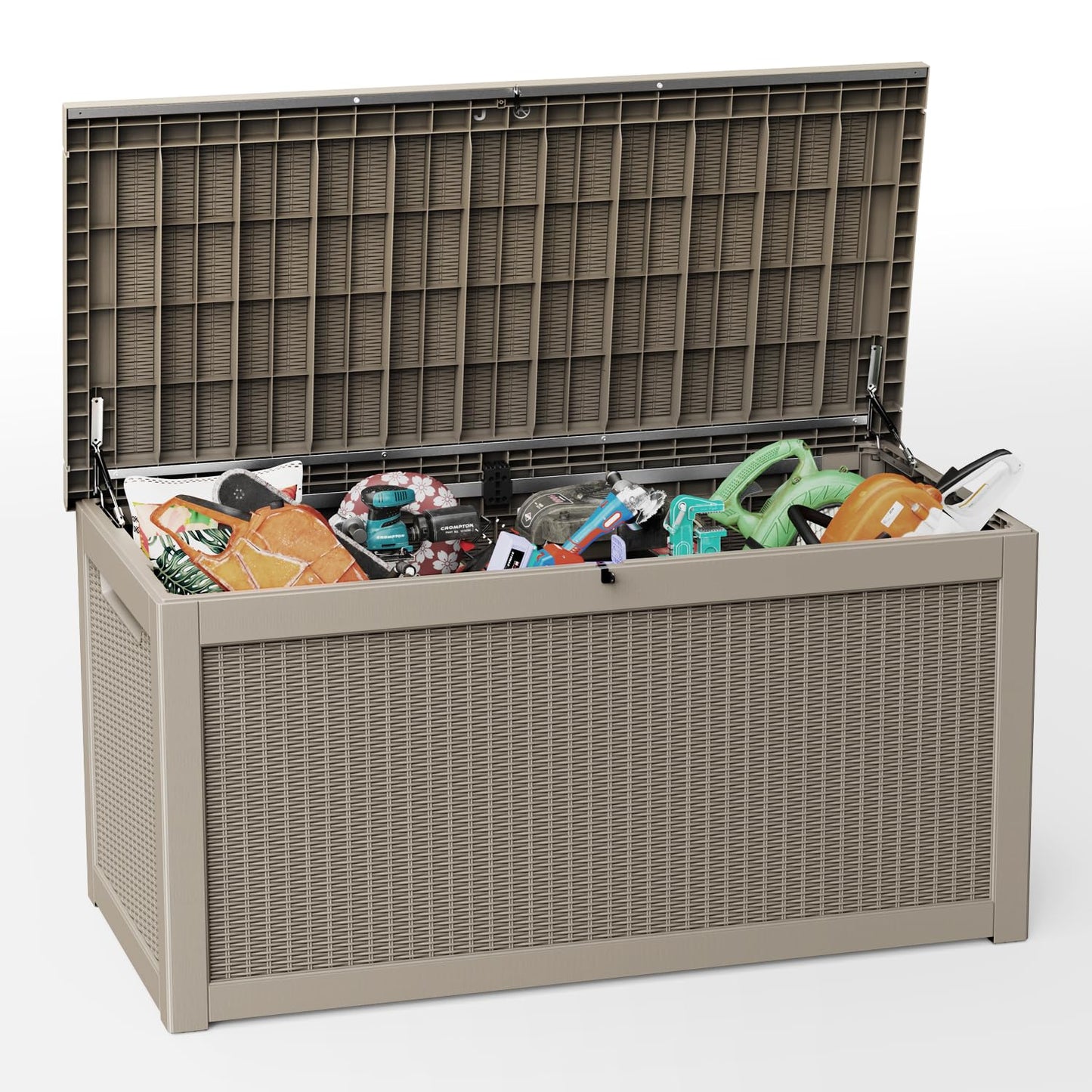 Trygoal 260 Gallon Deck Box, Waterproof Resin Outdoor Storage Box Lockable for Patio Furniture, Fade Resistant Patio Side Table & Organizer for Garden Tools, Pool Float, Outdoor Cushions, Light Coffee