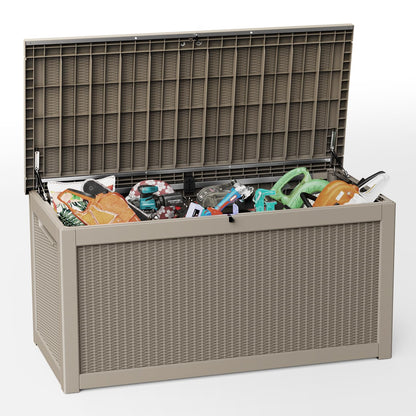 Trygoal 260 Gallon Deck Box, Waterproof Resin Outdoor Storage Box Lockable for Patio Furniture, Fade Resistant Patio Side Table & Organizer for Garden Tools, Pool Float, Outdoor Cushions, Light Coffee
