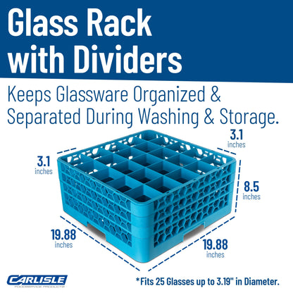 Carlisle FoodService Products Opticlean 25-Compartment Divided Glass Rack with 3 Extenders, Plastic, 19.875 x 19.875 x 8.5 Inches, Carlisle Blue