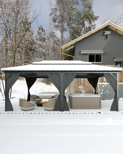 KYBOLT 12x20 Ft Hardtop Gazebos with Heavy Duty Double Roof, Nettings and Curtains Galvanized Steel Outdoor Gazebos for Patio, Backyard, Deck, Lawn (Grey)