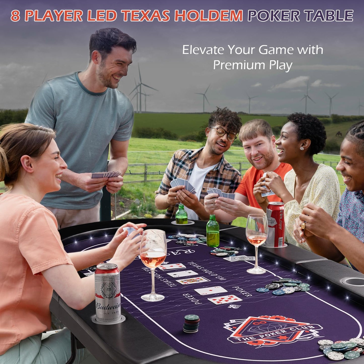 RAYKEEP 71" LED Poker Table - 8 Player Foldable Texas Hold'em Table with Built-in LED Lights, Padded Rails & 8 Cup Holders, Portable Casino Card Table for Home Game Room & Parties