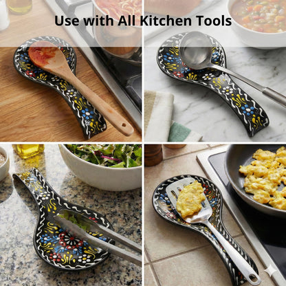 BCS Ceramic Spoon Rest, Large 9” Hand Painted Spoon Holder for Stove Top & Kitchen Counter, Dishwasher Safe & Heat Resistant Utensil Holder, Floral Kitchen Decor, Handmade Pottery