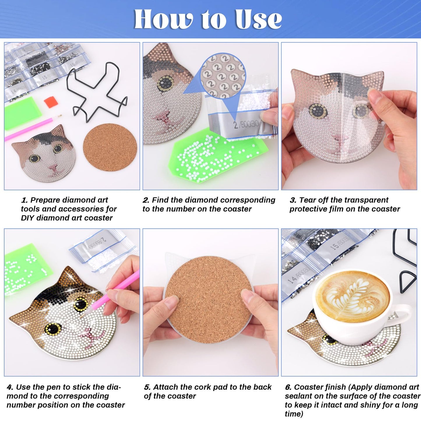 Billbotk 8 Pieces Diamond Painting Coasters Kit with Holder, Diamond Art Coasters, DIY Diamond Art Crafts Projects, Diamond Dot Kits for Adults and Beginners(Cat Style)