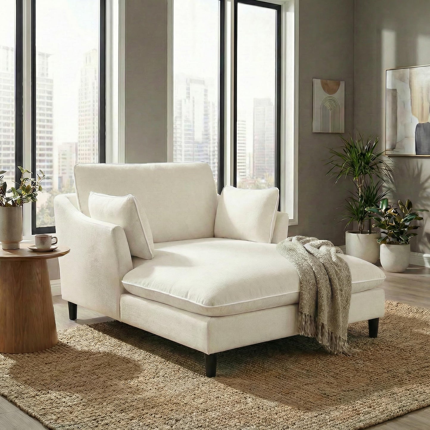 Merax Boneless Chaise Lounge Chair Indoor, 51.2" Modern Oversized Chaise Lounge Reading Chairs with 2 Pillows, Comfy Chenille Sleeper Sofa Couch for Living Room Bedroom Apartment, Beige