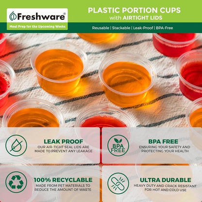 Freshware Portion Cups - 1 Ounce Disposable Plastic Cups with Lids for Meal Prep & Sauces | 100 Sets