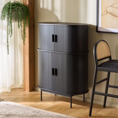 SAFAVIEH Furniture - Erdwing Bar Cabinet - Black - Tambour Door Wine & Liquor Storage Cabinet with Glassware Rack - Ideal for Living Room, Home Bar, Dining Space (BCT3100B)