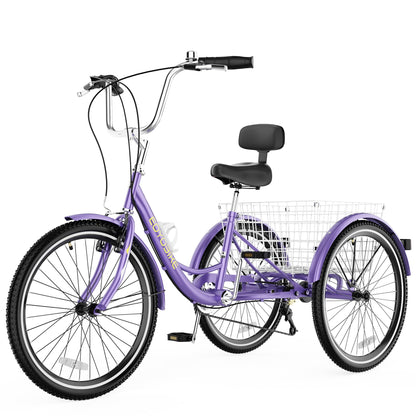EOYOBIKE Adult Tricycle 3-Wheel Cruiser Bike, Low Step-Through, Heavy-Duty Comfort Trike with Adjustable Handlebar & Spring Saddle, Large Rear Basket, for Seniors & Adults (Amethyst Dusk, 24" Tire)