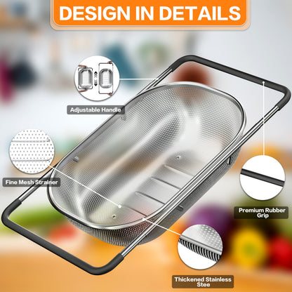 Over the Sink Colander - Strainers and Colanders - Sink Strainer Basket - Expandable Fine Mesh Strainer with Rubber Grip for Veggie, Fruits, Pasta, Home Kitchen Essentials (9.5W x 13.4-21.3L x 3.3H)