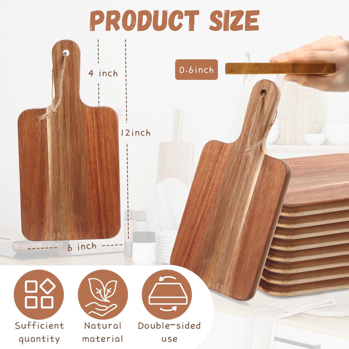 Geetery 16 Pcs Acacia Wood Cutting Board Bulk Kitchen Wooden Chopping Boards with Handle Serving Tray Charcuterie for Pizza, Bread, Cheese, Fruit, Vegetables Housewarming Gift(12 x 6 Inch)