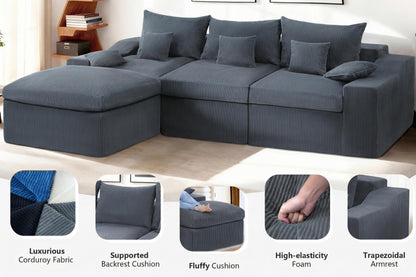 HABUTWAY 104" L Shaped Cloud Sectional Couch, Boneless Modular Sectional Sofa with Deep Seat, Corduroy Couches for Living Room, Modular Couch, No Assembly Required (Grey)