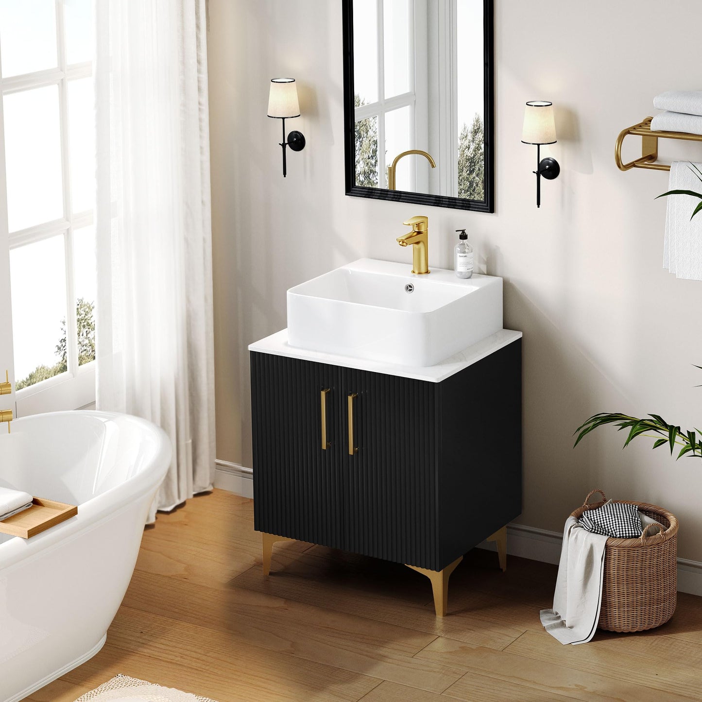 DWVO Bathroom Vanity 24 Inch with Counter Top Sink Combo, Modern Bathroom Storage Vanity Cabinet Set Included 2 Large Soft Closing Doors, Drain, Gold Handles & Legs, Black