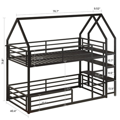 LIKIMIO Bunk Bed Twin Over Twin, Twin Bunk Beds Frame with 3-Tier Storage Bookshelf, Metal Twin House Bed Ladder and Safety Guardrail, Space Saving for Apartment or Dorm, No Box Spring Needed, Black