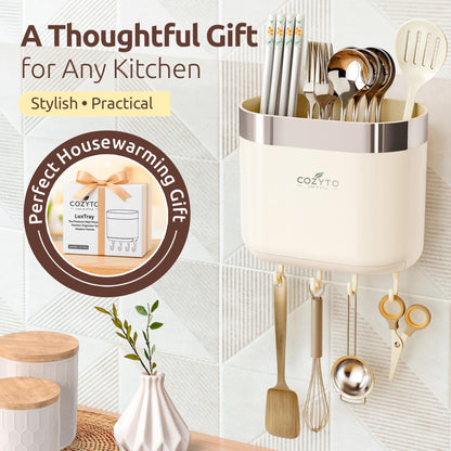 COZYTO LuxTray U1-Pro Wall Mounted Utensil Holder – Kitchen Organizer with Hooks, Dividers & Drain Tray, No-Drill Adhesive Wall Mount Storage, BPA-Free (Cream White & Shiny Silver)