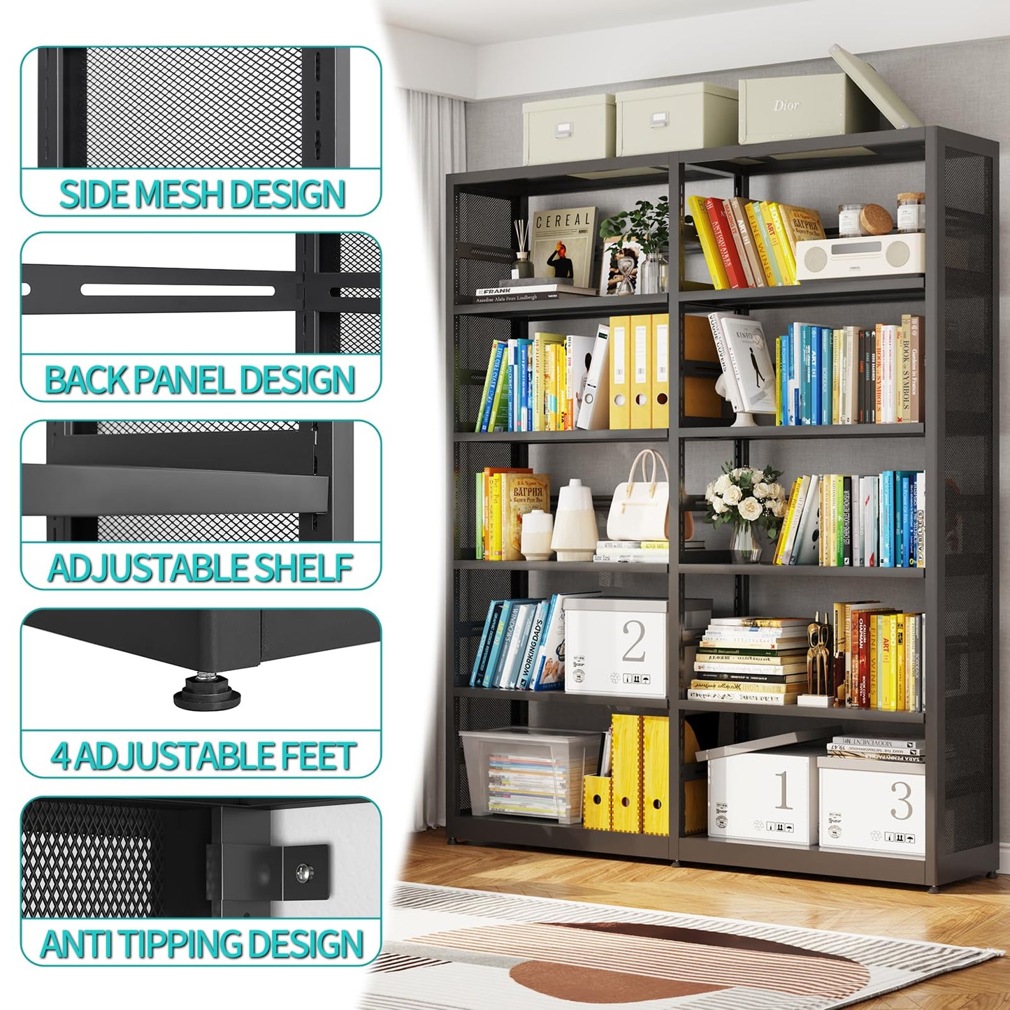 SteeLoong 5 Tier Bookshelf,Metal Storage Shelves Black Bookcase with 4 Adjustable Shelves,Shelving Unit Shelf Organizer,Tall Bookshelf Shelves for Living Room,Office（1 Main Shelf +1 Subframe Shelf）