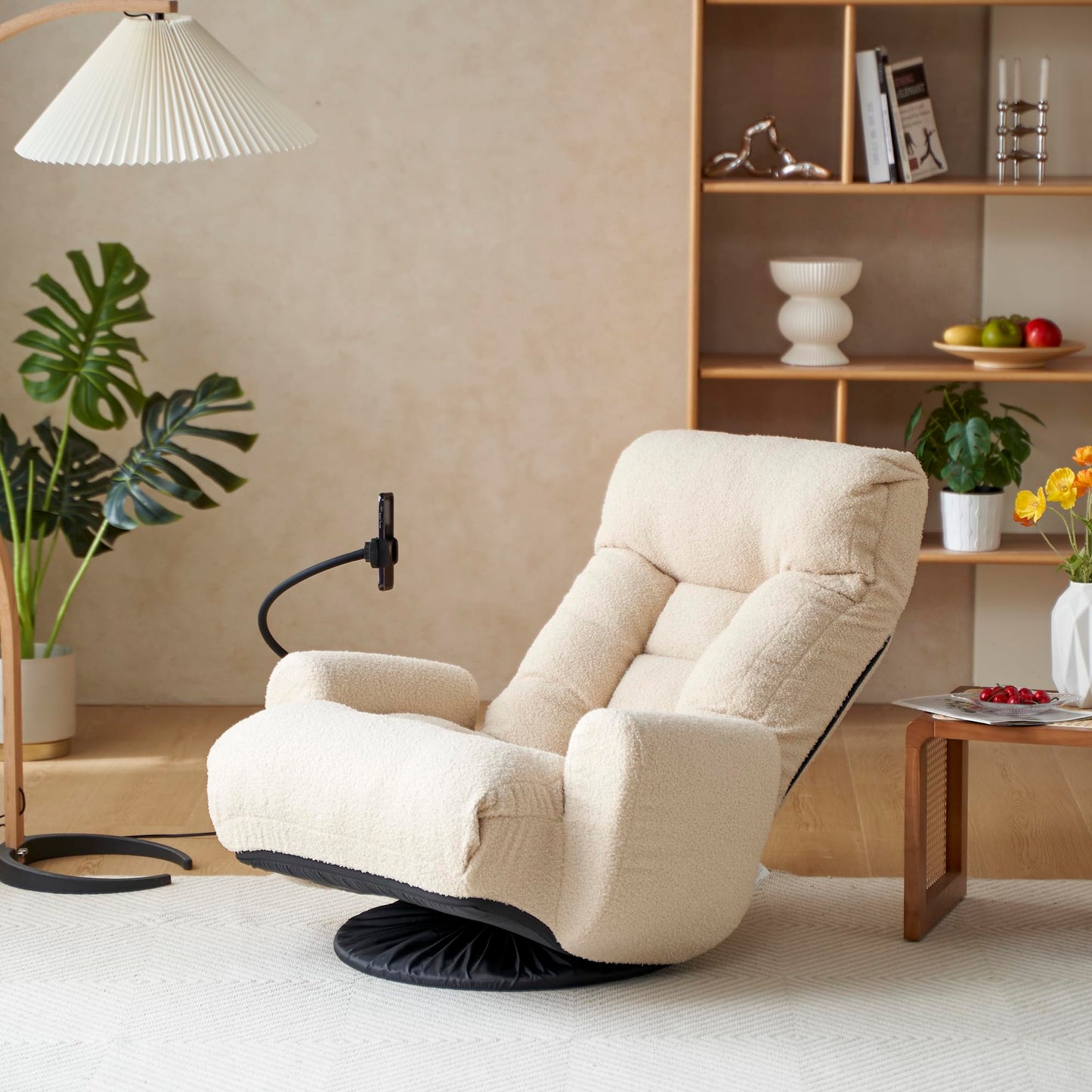 KEIKI Adjustable Swivel Accent Chair with Phone Holder, 360° Rotatable Sofa Chair with 5-Position Recline, Upholstered Single Sofa Chair for Living Room, Beige