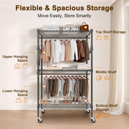 Whitmor 3 Tier Rolling Garment Rack, Heavy Duty Adjustable Metal Clothing Rack with Side Hooks, Double Rods & 360° Lockable Wheels, Max 600LBS for Hanging Clothes, 35.4" L x 16" W x 77" H, Black