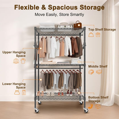 Whitmor 3 Tier Rolling Garment Rack, Heavy Duty Adjustable Metal Clothing Rack with Side Hooks, Double Rods & 360° Lockable Wheels, Max 600LBS for Hanging Clothes, 43" L x 18" W x 80" H, Black