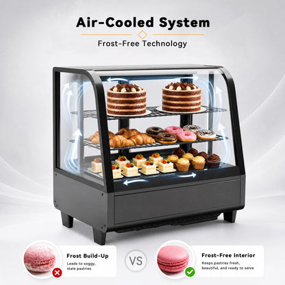 Tylza Commercial Refrigerator Display Case, 3.5 Cu.Ft/100L Countertop Refrigerated Showcase, White LED Lighting, Double Glass Door, 36-54°F, Auto Defrost for Bakery, Cafe, Store