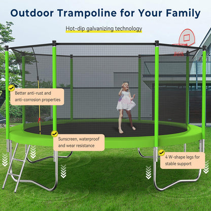 Tatub 12FT Trampoline for Kids and Adults, Outdoor Recreational Trampolines with Basketball Hoop & Enclosure Net, Green