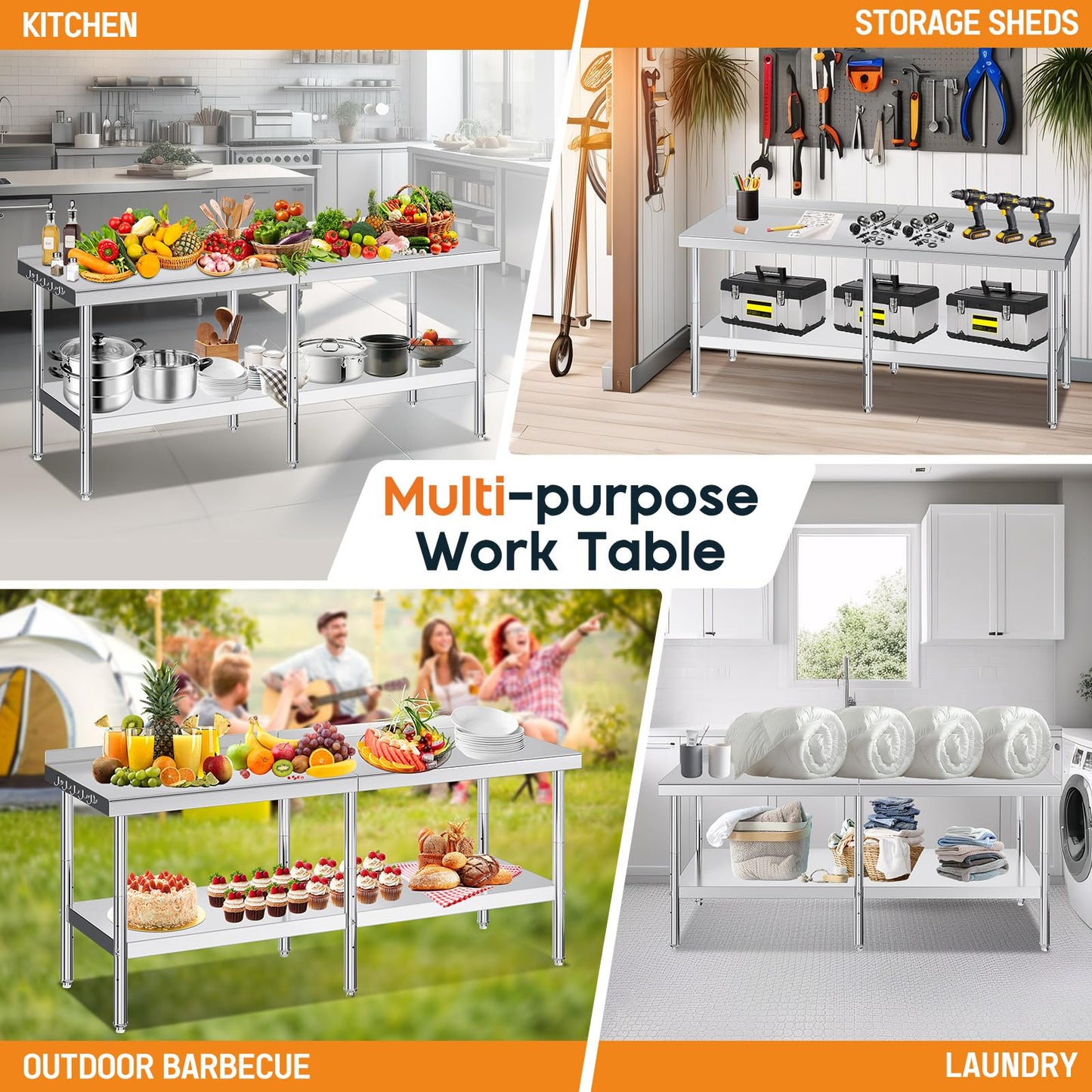 Jocisland 30" x 82" Stainless Steel Table for Prep & Work, Food-Grade Stainless Steel with Backsplash, Adjustable Under Shelf & Safe Design for Restaurant, Home and Outdoor