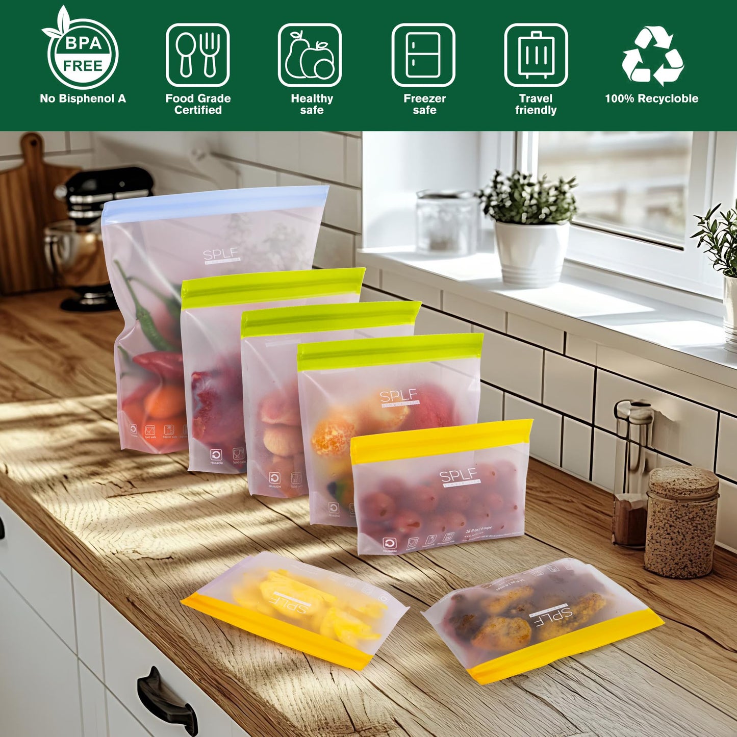 SPLF 10 Pack Stand-Up Reusable Food Storage Bags Dishwasher Safe, BPA Free Reusable Freezer Bags, Extra Thick Leakproof for Meal Prep, Sandwich, Bread, Veggies - 3 Gallon 4 Quart 3 Snack