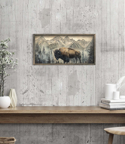 Wildlife Wall Art Framed Decor: Wild Animal Wood Print Decoration Buffalo Bison Picture Rustic Nature Woodland Painting Artwork for Cabin Bathroom Living Room 24 x 12 Inch