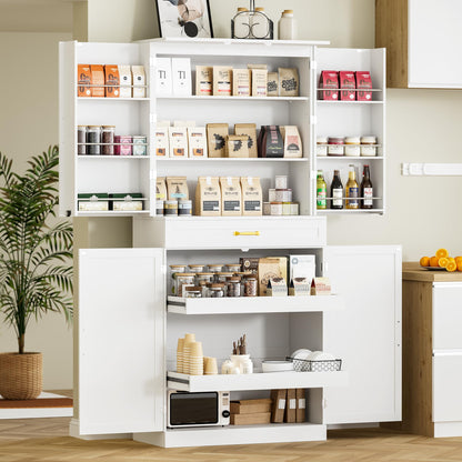 HQZX 71’’ Tall Kitchen Pantry Cabinet, Pantry Storage Cabinet with 6 Doors Shelves, Large Drawer & 2 Pull Out Shelves, Freestanding Cupboard for Kitchen, Dining Room, White