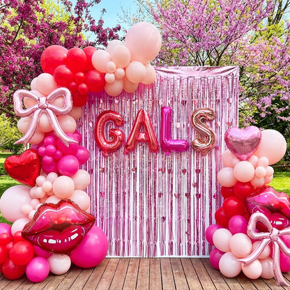 Galentine's Day Balloon Arch Kit - 133 Pcs Pink Red GALS Letter Balloons, Heart, Lip & Bow Foil Balloons with Pink Curtain for Valentine's Day, Bachelorette, Birthday Party Decorations