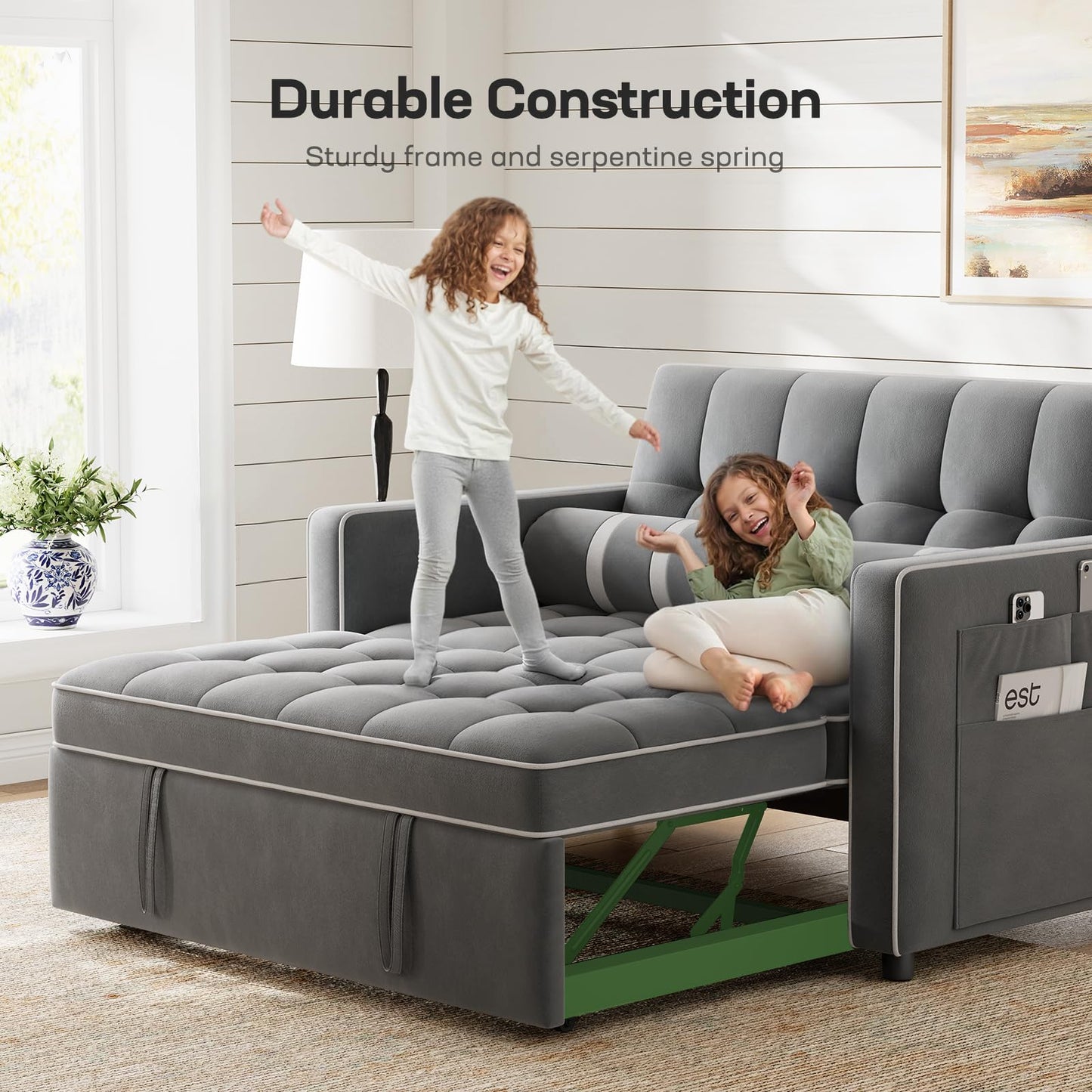 Marsail 3-in-1 Convertible Futon Sleeper Sofa Bed, Pull Out Couch with Adjustable Backrest, USB Charging & Side Pockets, Velvet Fabric Sofa for Living Room, Apartment, Loveseat, Grey