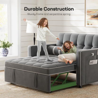 Marsail 3-in-1 Convertible Futon Sleeper Sofa Bed, Pull Out Couch with Adjustable Backrest, USB Charging & Side Pockets, Velvet Fabric Sofa for Living Room, Apartment, Loveseat, Grey