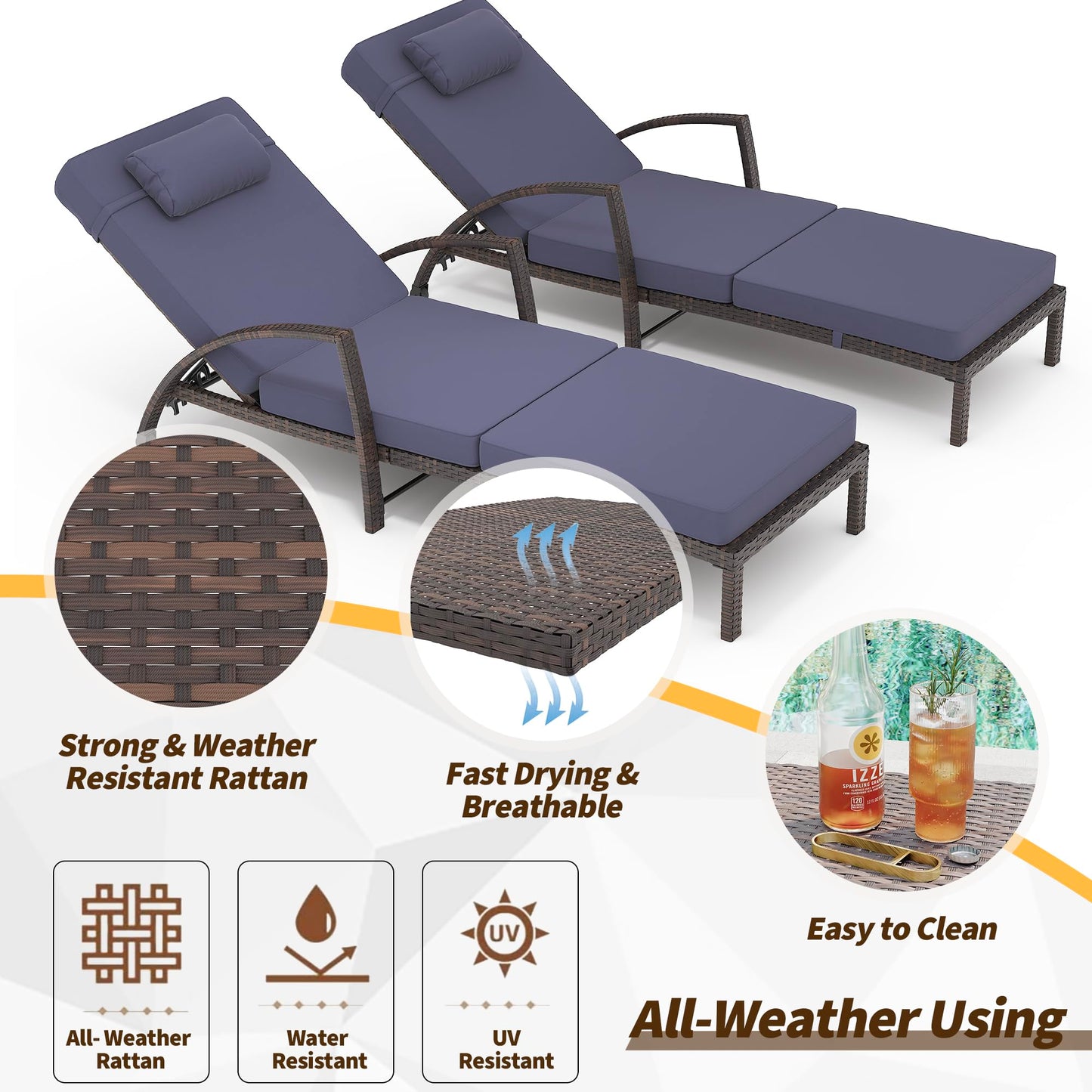 GarveeLife 2-Piece Rattan Patio Folding Chaise Lounge, 5-Position Adjustable Backrest Outdoor Lounge Chair with Cushion and Pillow for Poolside, Backyard, Deck, Porch, Blue