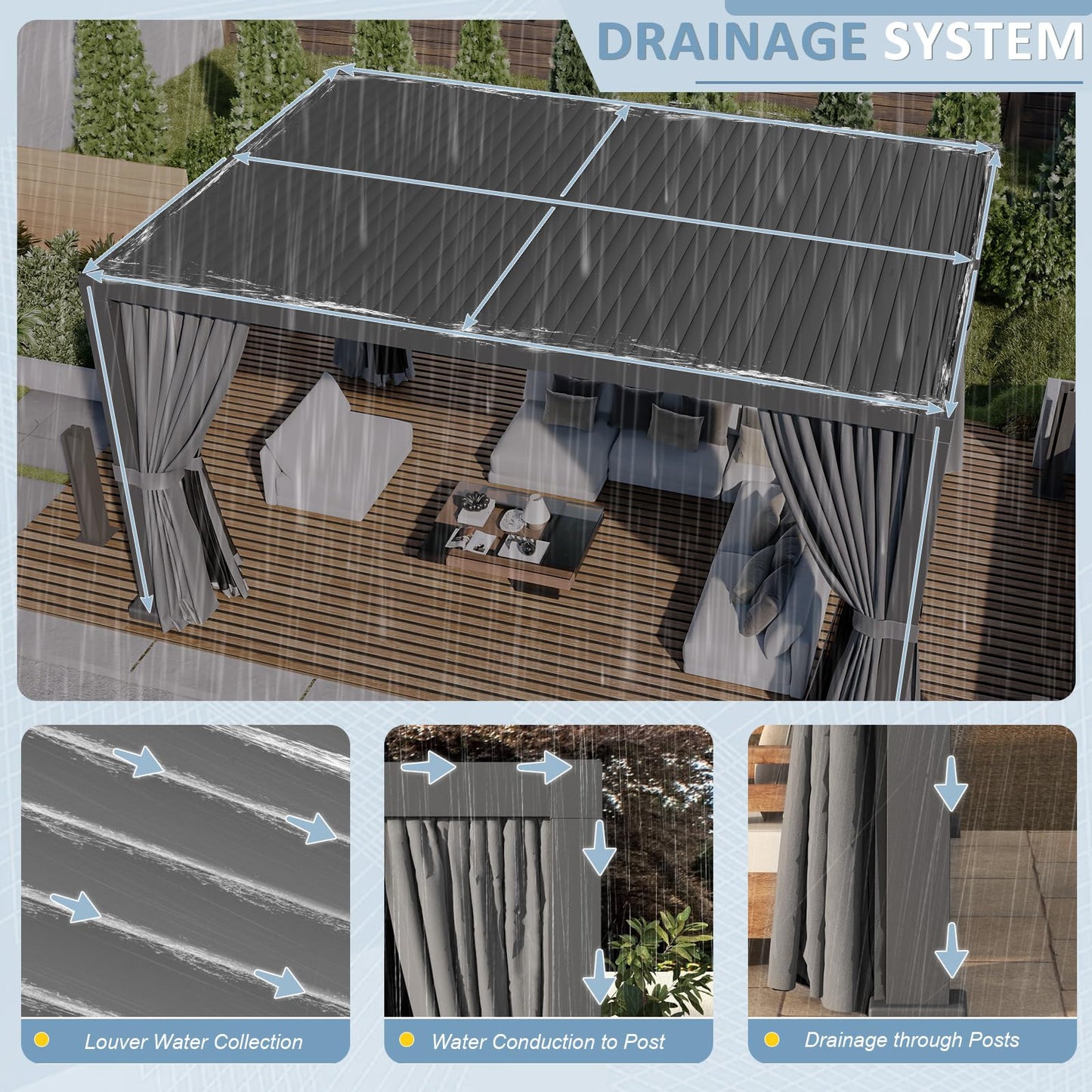 Aoxun Louvered Pergola 12' x 16' Aluminum Outdoor Pergola with Independent Adjustable Roofs, Curtains and Netting, Built-in Drainage System for Patios & Backyards, Rust Resistant Frame