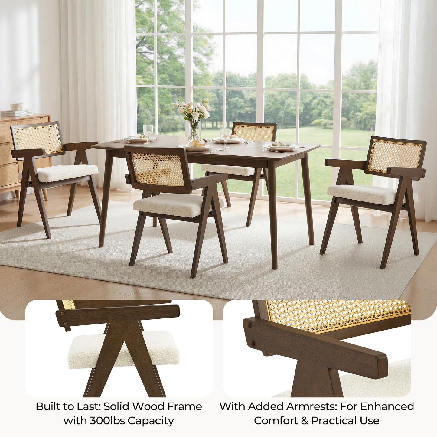 CHITA Rattan Dining Chairs Set of 4, Modern Dining Chair with 2.8inch Cushion, Rubberwood Frame Accent Chairs for Dining Room/Kitchen/Living Room, Walnut