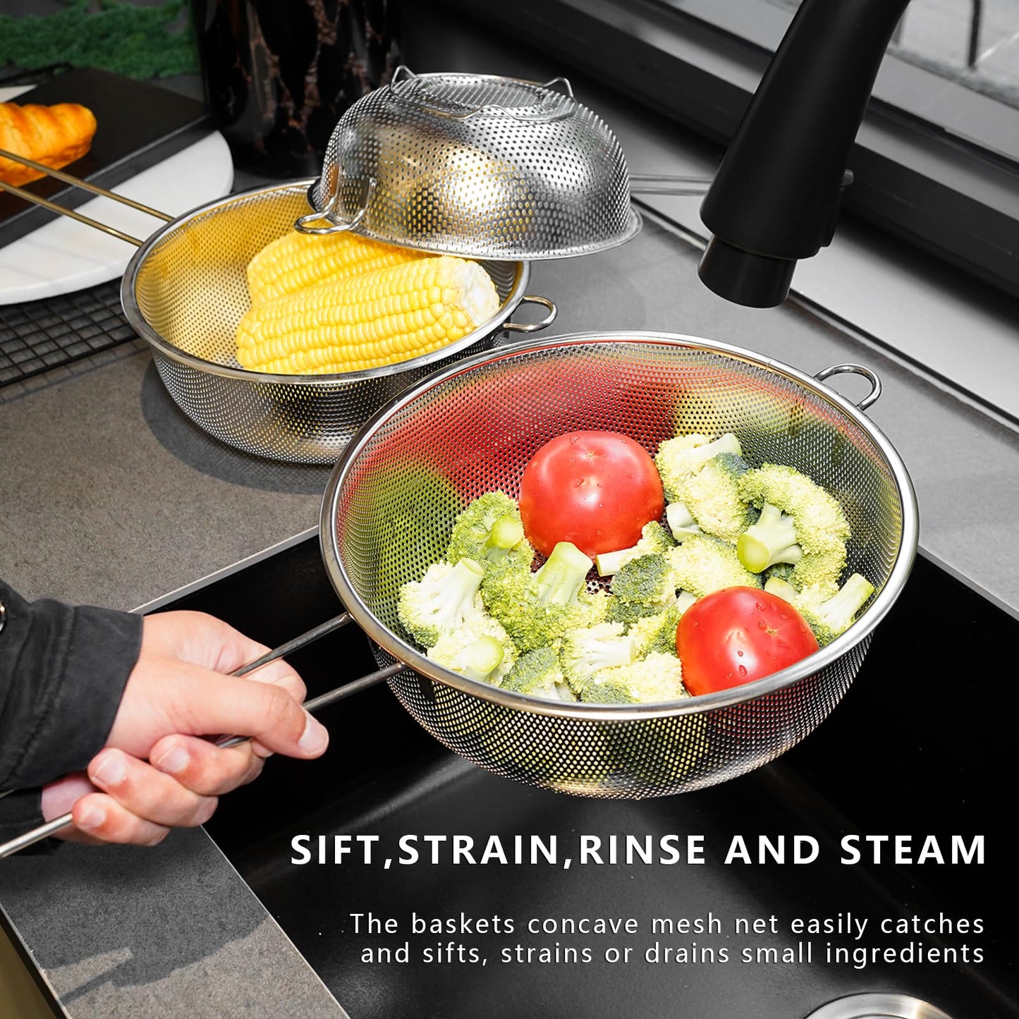 ICEICE Metal Fine Mesh Strainer and Colander for Kitchen with Handle, Stainless Steel Pasta Strainer/Kitchen Funnel/Collander/Sifter for Strain/Wash Vegetables, Fruits, Spaghetti, Rice (10.2＂)