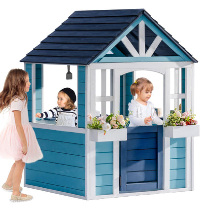 ROBUD Wooden Playhouse, Outdoor Kids Playhouse with Sink, Stove, Cookware, Flowerpot Holders, Snack Bar, Cottage Play House for Backyard, Blue