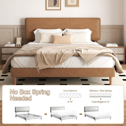Sismplly King Size Upholstered Bed Frame with Adjustable Headboard, Faux Leather Platform Bed with Wood Slats, Lychee Grain Leather, No Box Spring Needed, Easy Assembly, Noise Free, Brown