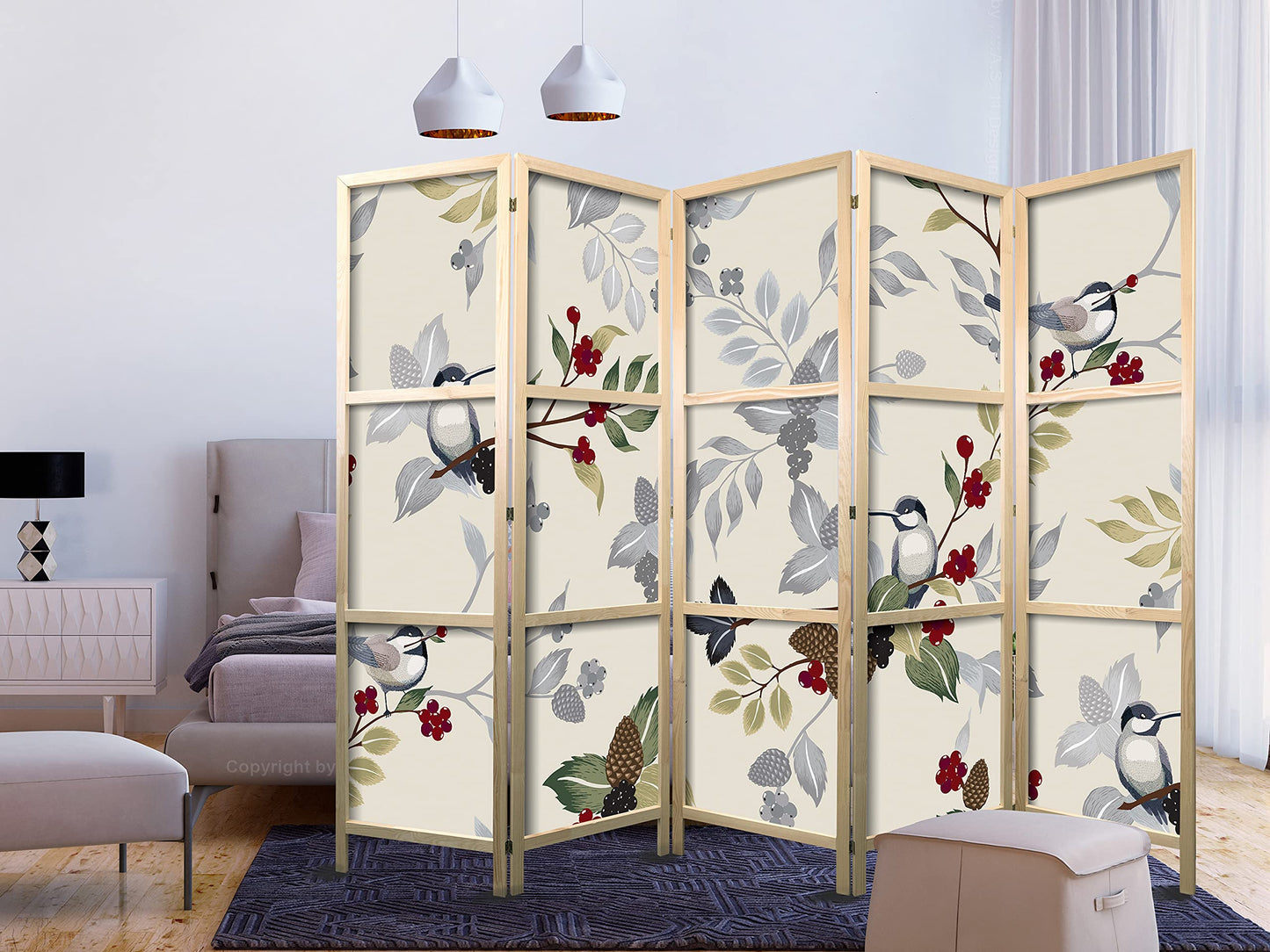 artgeist Japanese Room Divider XXL Birds Forest Nature Leaves Botanical 90 x 67 in - 5 Panel Folding Screen Japan Design Home Decoration Art Deco b-B-0593-z-c