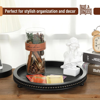 12", Bamboo Land- Round Decorative Trays for Coffee Table, Black, Wood Tripod & Beaded Design, Wooden Round Tray
