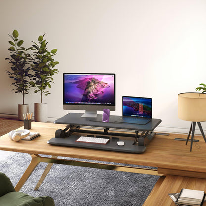 Mount-It! Electric Standing Desk Converter 35.4" Quick Sit Stand Desk Riser, Computer Workstation Motorized Easy Convertor with Built-in USB Charging Port, Ergonomic Height Adjustable in Black