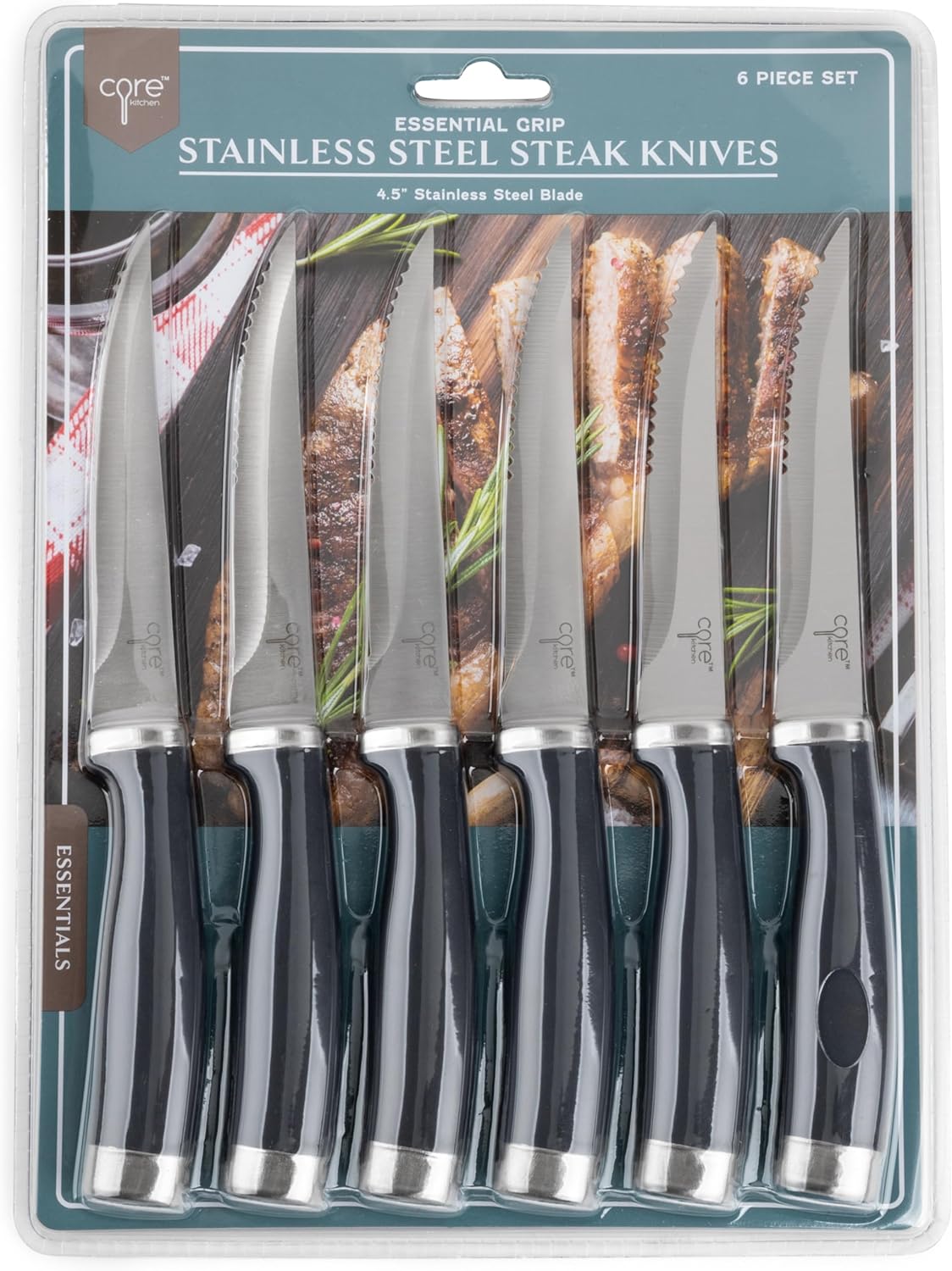 Core Kitchen Set of 6 Essential Grip Steak Knives - Black