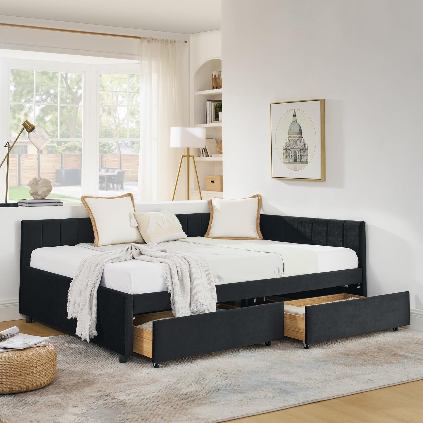 Ball & Cast Full Size Daybed with Two Storage Drawers,Velvet Upholstered Day Bed Frame with Channel Tufted Backrest & Armrest,Wood Slats Support,No Box Spring Needed,for Bedroom Guestroom,Black