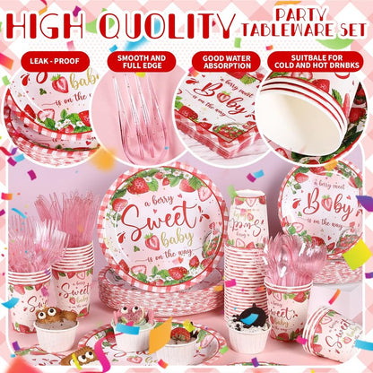 350 Strawberry Baby Shower Decorations for 50 Guests A Berry Sweet Baby is On The Way Party Supplies for Girls Disposable Dinnerware Set Paper Plates Napkins Cups