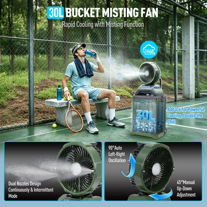 ZMLBTF 30L Portable Misting Fan, Bucket Rolling Mist Fan, 30000mAh Rechargeable Outdoor Cooling Fan with Remote, 4 Speeds, 3-Speed Light, for Patio, Camping, Sports, Outside & Travel(Green)